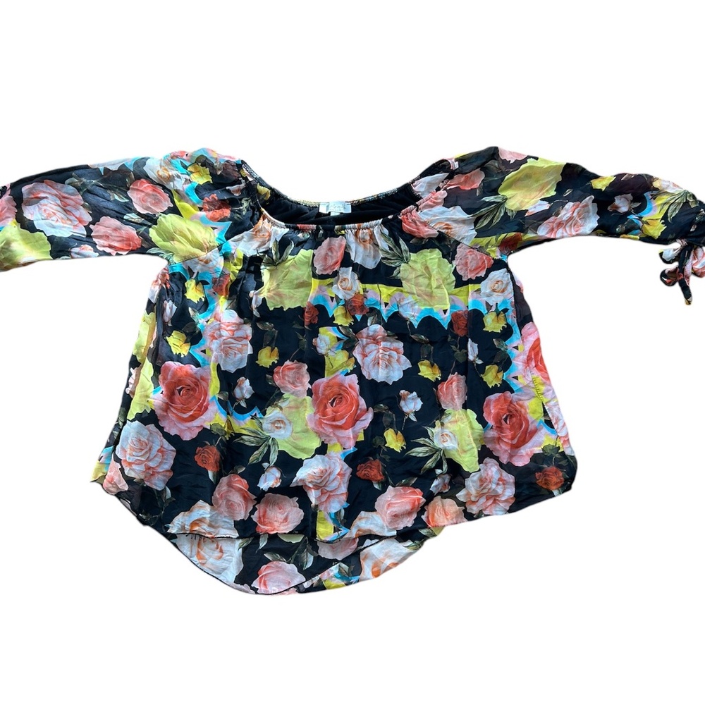 Bellambra Silk Blend  Black Floral Lined Tie Sleeve Pheasant Neckine Top Blouse